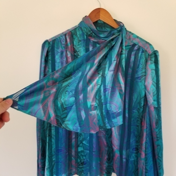 VINTAGE 1970s Paisley Church Grandma Polyester Scarf Blouse Size 18 - Picture 5 of 12